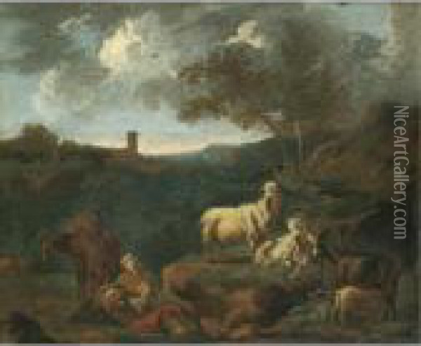 A Landscape With Goats And A Peasant Family Resting In The Foreground. Oil Painting - Philipp Peter Roos
