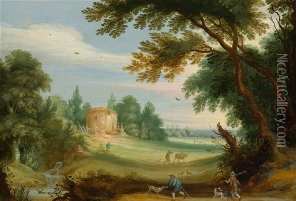 Idyllic Landscape With Hunters And Peasants And A Building In The Background Oil Painting - Adriaen Van Stalbemt
