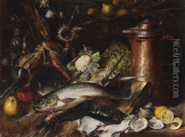 Stillleben Mit Fischen, Krautkopf Und Kupferkanne Oil Painting - Josef Wolf