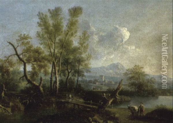 River Landscape With A Traveller On A Path Near A Bridge Oil Painting - Giovanni Battista Cimaroli