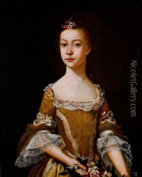 Portrait Of A Young Girl,three-quarter-length, In A Gold Dress With Lace Trim, Holdingflowers Oil Painting - Bartholomew Dandridge