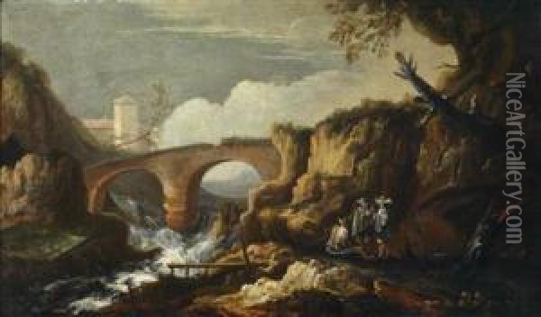 A Mountain Landscape With A Bridge Andfigural Staffage Oil Painting - Pietro Montanini