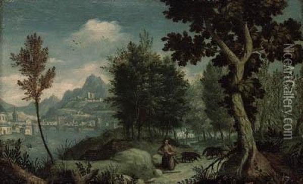 A Mountainous River Landscape With The Prodigal Son, A View Ofverona Beyond Oil Painting - Jan Soens