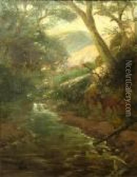 Deer By A Stream Oil Painting - Thaddeus Welch