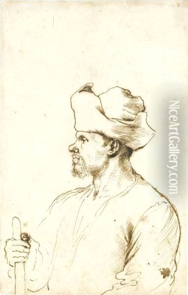 A Man Seen In Profile, Half Length, Wearing A Hat And Holding A Stick Oil Painting - Giovanni Francesco Barbieri