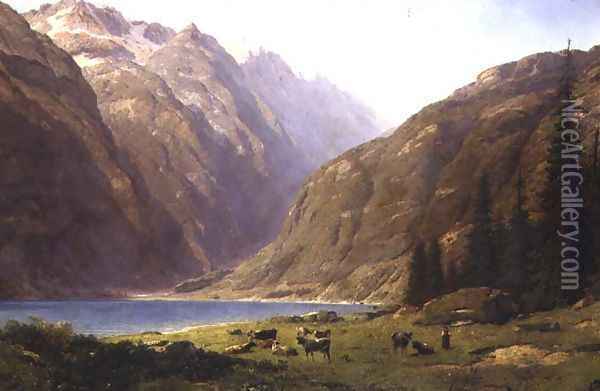 A Mountainous Landscape with Cattle Oil Painting - Alfred Chavannes
