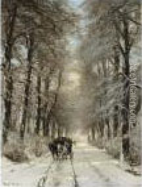 A Horse-drawn Cart On A Snowy Lane Oil Painting - Louis Apol