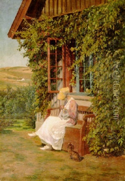 Sewing In The Morning Light Oil Painting - Sigurd Soelver Schou
