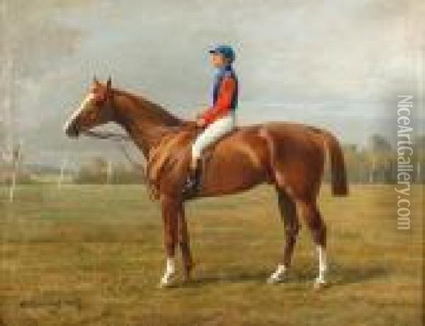 The Chestnut Racehorse, Admiral, With Jockey Up Oil Painting - Heinrich Sperling