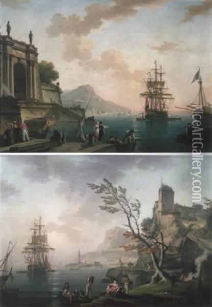 Vue D'un Port Mediterraneen Au Lever Du Jour Oil Painting - Charles Francois Lacroix