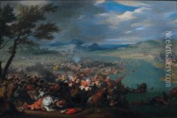 Bataille Au Bord Du Danube Entre L'armee Turque De Kara Mustapha Et Celle De Jean Sobieski Oil Painting - Jan Pieter Van Bredael I