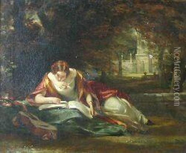 Figure Of A Reclining Lady Reading In A Garden Oil Painting - Daniel Maclise
