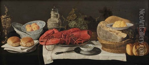 A Goblet, Bread Rolls, Four Tangerines In China Bowls, Two Lobsters On A Pewter Plate, Grapes In A Wicker Basket, Cheese In A Wicker Basket... Oil Painting - Hans van Essen