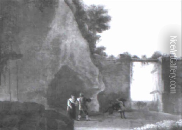 Peasants By A Fountain In A Courtyard With A Bucking Donkey Oil Painting - Jan Asselijn