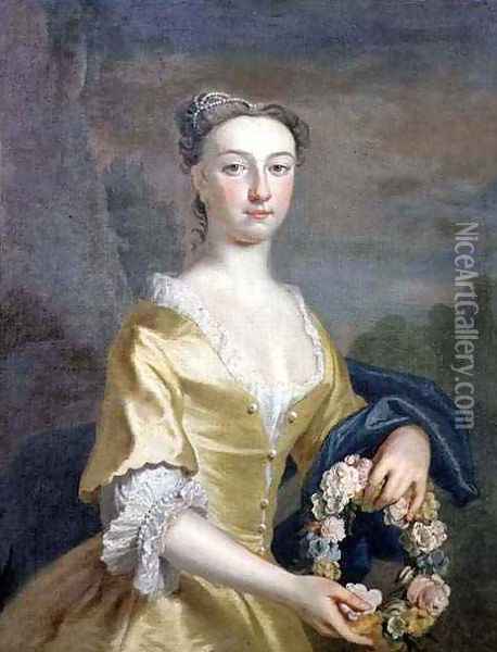 Portrait of a Lady holding a Floral Wreath Oil Painting - Joseph Highmore