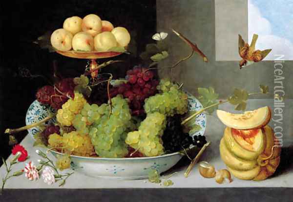 Grapes in a blue and white porcelain bowl with peaches on a gold tazza, with a melon, shells and carnations on a stone ledge Oil Painting - Peter Paul Binoit