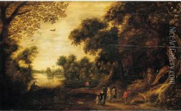 A Wooded River Landscape With 
Elegant Figures Conversing With A Traveller In The Foreground Oil Painting - Jasper van der Lamen