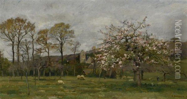 Paysage Au Cerisier Japonais Oil Painting - Pierre Emmanuel Eugene Damoye