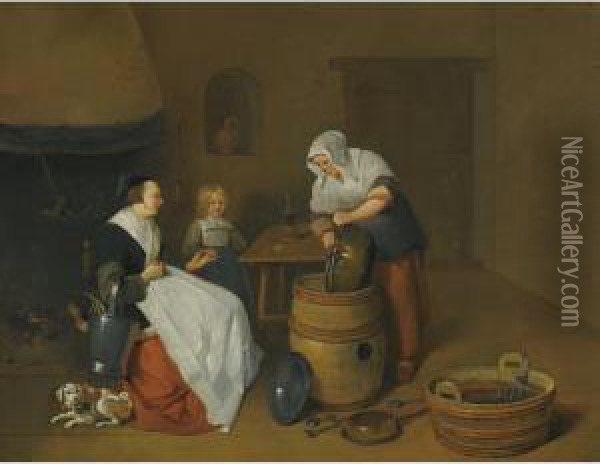 A Woman Talking With Her Maid In A Kitchen Interior With A Child, A Dog And A Fire Oil Painting - Quiringh Gerritsz. van Brekelenkam