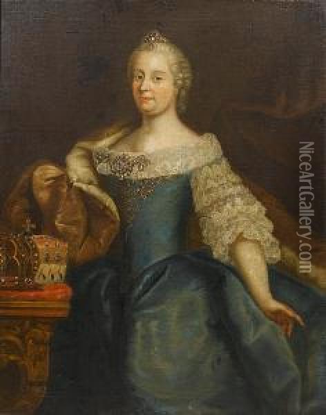 Portrait Of Empress Maria 
Theresa, Three-quarter-length, Standing In A Blue Dress With An 
Ermine-lined Wrap, Beside A Table With Two Crowns Oil Painting - Ircle Of Martin Van Mytens