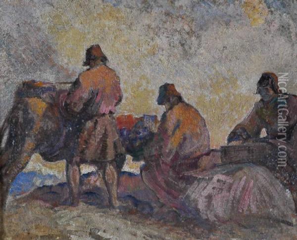 Andes Travellers Loading Pack Mules Oil Painting - Alfredo H. Helsby