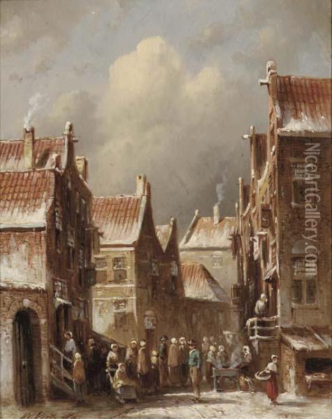 A Busy Street In A Dutch Town In Winter Oil Painting - Pieter Gerard Vertin