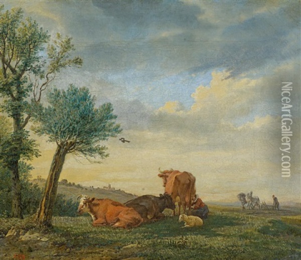 Landschaft Mit Vieh Und Pflugenden Bauern Oil Painting - Karel Dujardin