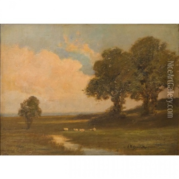 Sheep Grazing In A Newport, Rhode Island Landscape Oil Painting - Edward Bannister