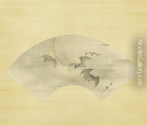 Untitled (seven Bats Hovering Against The Crescent Moon) Oil Painting - Keinen Imao