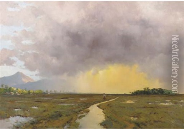 Indonesian Landscape At Dusk Oil Painting - Leo Eland