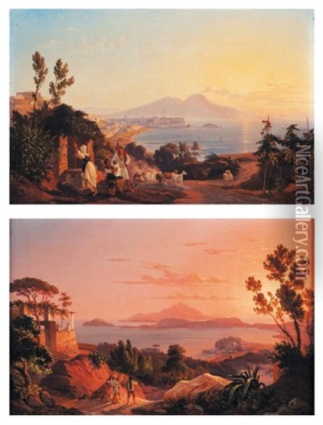 Vues D'italie Naples Du Posilip (+ Le Golfe De Baja, Lrgr; Pair) Oil Painting - Carl (Karl) Wilhelm Goetzloff