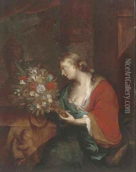 Portrait of a lady with a bunch of mixed flowers Oil Painting - Adriaen Van Der Werff