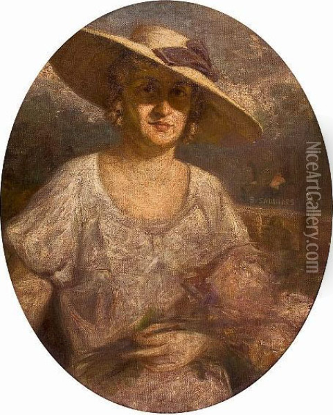 Lady With Straw Hat Oil Painting - Symeon Sabbides
