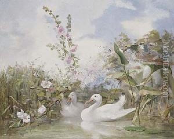Patos En El Estanque Oil Painting - Manuel Wessel De Guimbarda