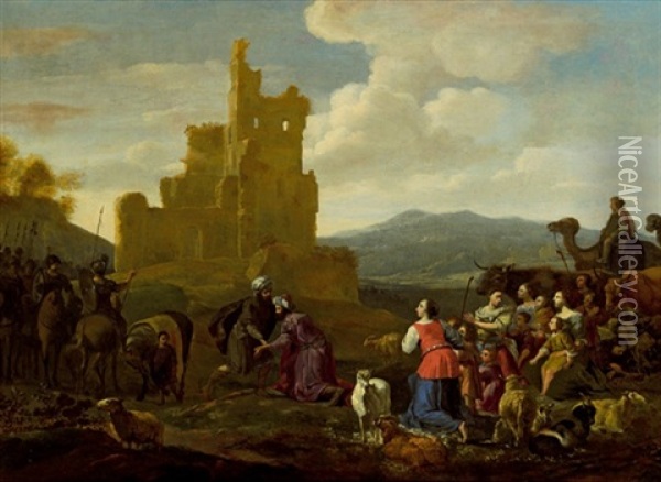Landschaft Mit Hirten Und Soldaten Vor Einer Burgruine Oil Painting - Hendrick Mommers