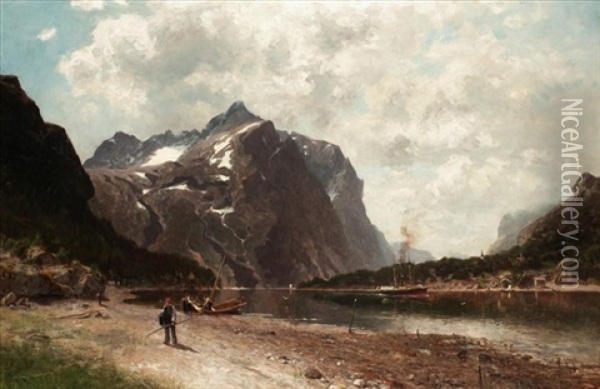 Fishing Boats In A Fjord Oil Painting - Morten Mueller