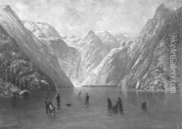 Schlittschuhlaufer Auf Einem Zugefrorenen Bergsee Oil Painting - Daniel Somogyi