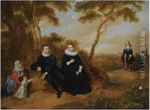 A Portrait Of A Gentleman And 
His Wife, Their Son And A Wetnurse, Seated Full-length In A Wooded 
Landscape, Their Daughter Anda Maid Approaching On A Path Oil Painting - Jan Mytens