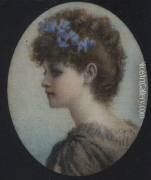 A Canadian: A Young Lady, Wearing Grey Dress And Blue Flowers In Her Upswept Hair Oil Painting - Norman Prescott Davies
