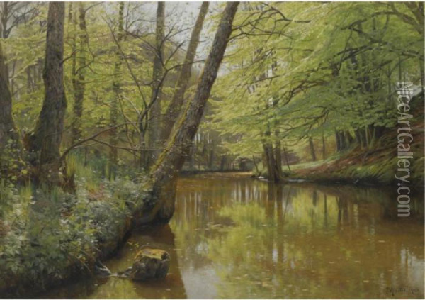 Alob I Skoven (river Flowing Through A Tranquil Forest) Oil Painting - Peder Mork Monsted