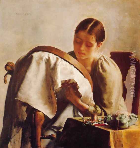 Young Girl Embroidering Oil Painting - Charles Frederick Ulrich