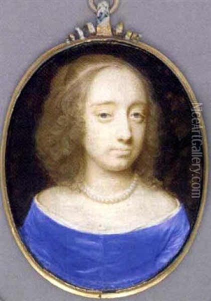A Young Lady (bridget Cromwell?)  In Blue Dress With White Underdress, Pearl Necklace, Her Light Brown Hair Dressed In Ringlets Oil Painting - Samuel Cooper