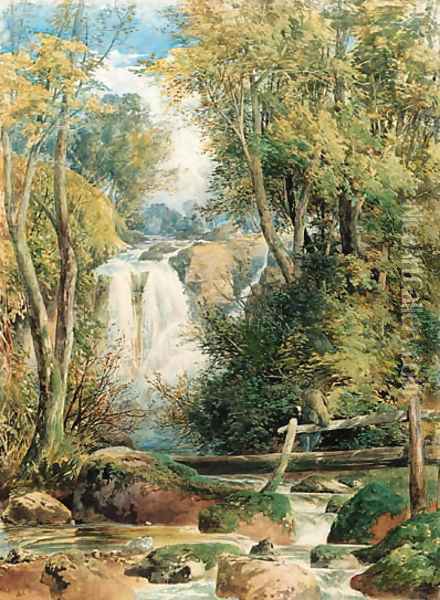 A forest waterfall, Swallow Falls, Lake District, Cumbria Oil Painting - William Hull