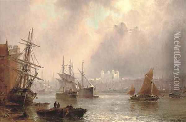 Shipping on the Thames before the Tower of London Oil Painting - Claude T. Stanfield Moore