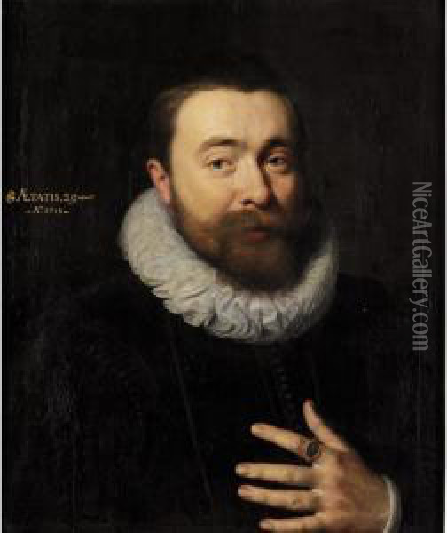 A Portrait Of A Gentleman, Aged 29, Wearing A Black Jacket And A White Ruff Oil Painting - Gortzius Geldorp