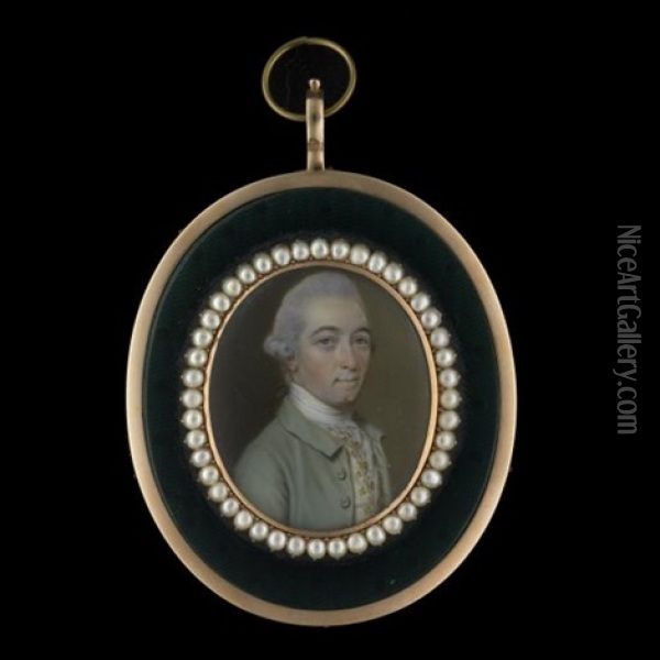 Portrait Miniature Of A Gentleman, In A Gold Frame, The Miniature With Pearl Border And Further Border Of Green Glass, The Reverse Glazed To Reveal Plaited Brown Hair, Later Fitted Green Leather Case Oil Painting - John Smart IV