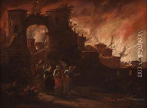 Lot Und Seine Tochter Fliehen Aus Dem Brennenden Sodom Oil Painting - Egbert van der Poel