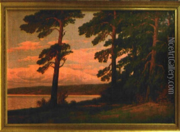 Abendhimmel Uber Einem Von Seichten Bewaldeten Hugeln Eingebetteten See Oil Painting - Rudolf Hellgrewe