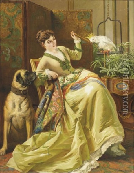 Elegante Avec Son Chien Et Son Perroquet Oil Painting - Edward Charles Barnes