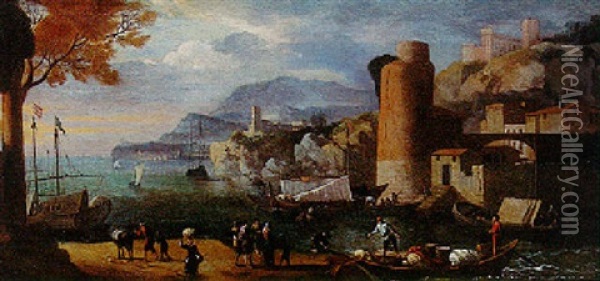 Vue D'un Port Mediterraneen Oil Painting - Adriaen Van Der Cabel